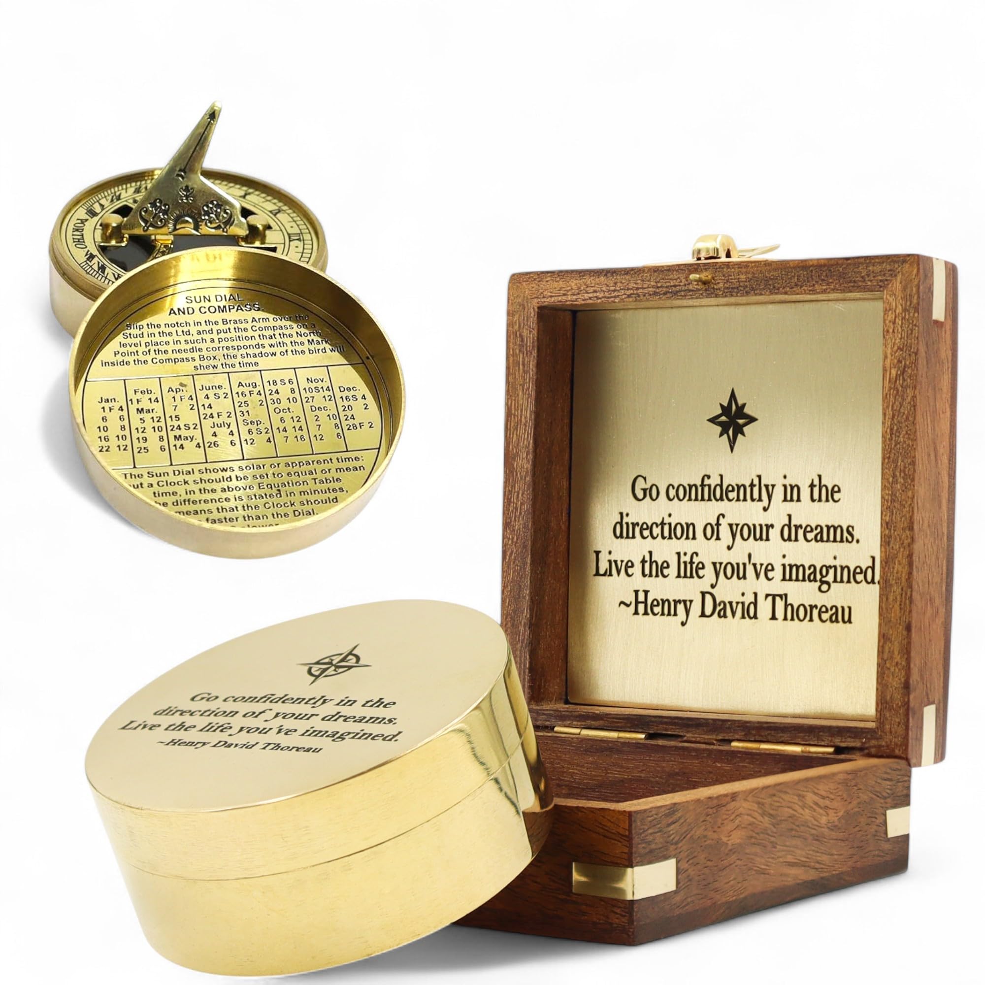 Personalised Graduation Gift Brass Sundial Compass with Thoreau Quote Go Confidently – Custom Engraving Available – Vintage Nautical Compass with Wooden Keepsake Box (Go Confidently In the Direction)