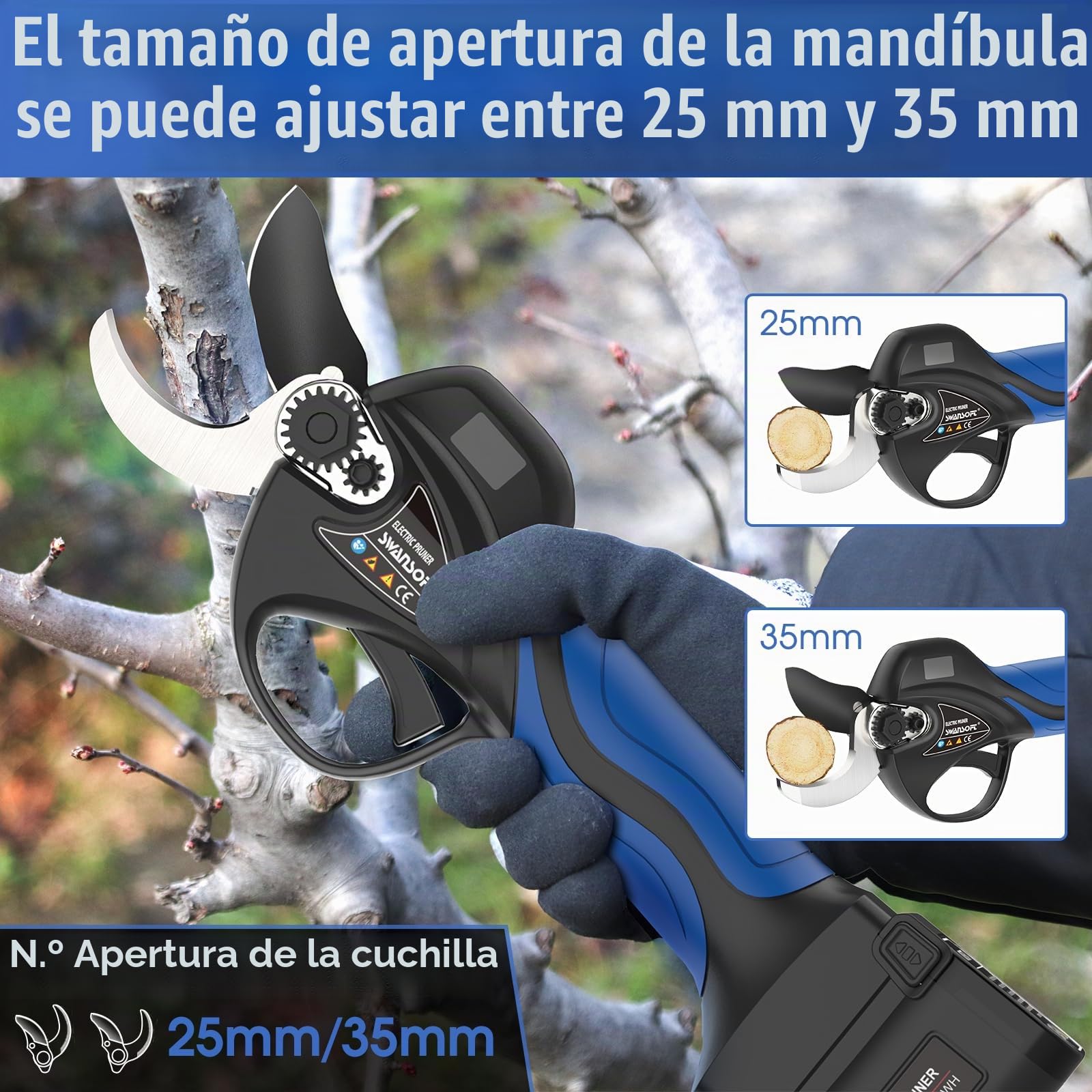 Swansoft 8608 35mm Tijeras de Podar a Batería, 16,8V 900W Tijeras de Podar Progresivas a Batería Profesionales, para Podar, Fruticultores y Viticultores,Deep Blue (Deep Blue)