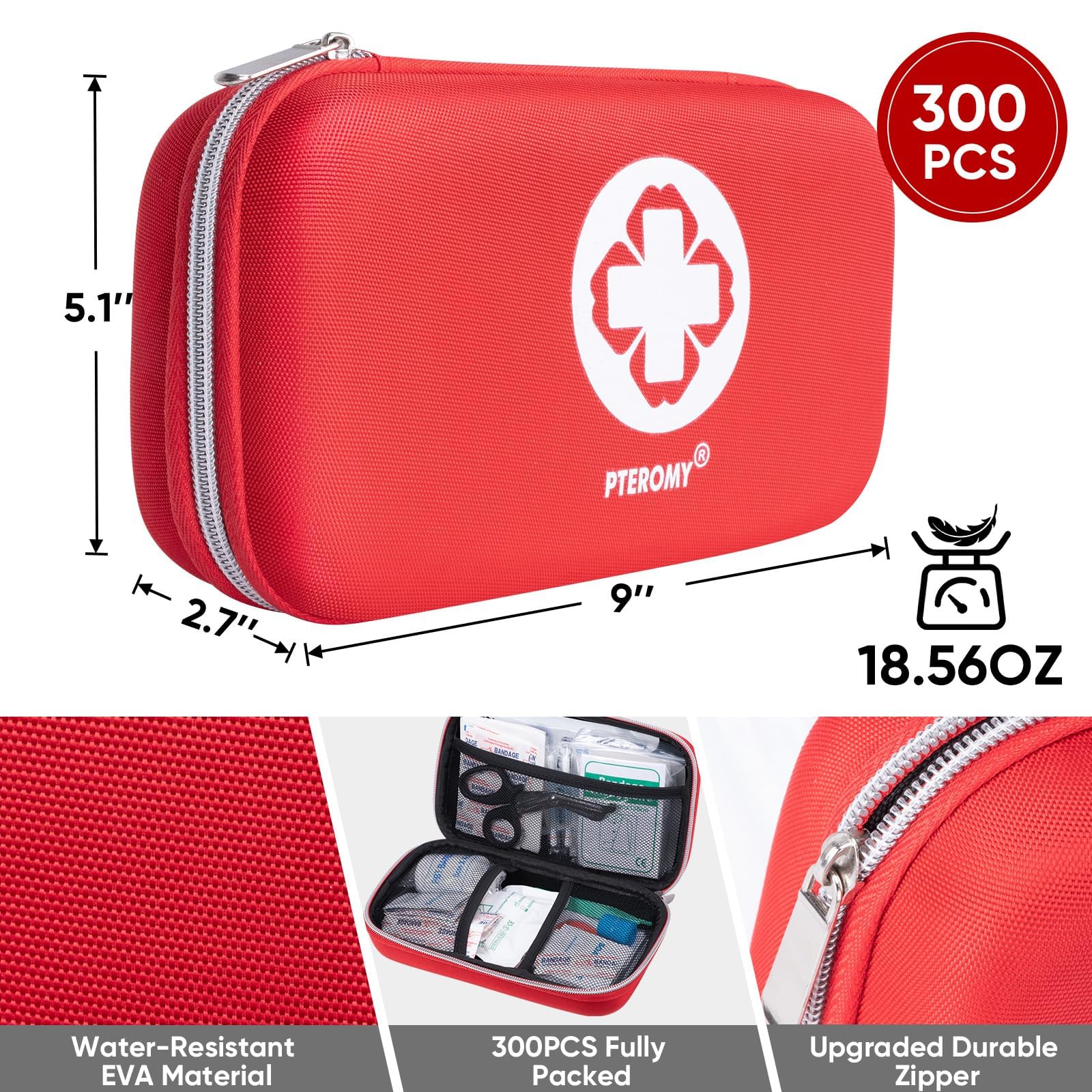 PTEROMY 300-teiliges Erste-Hilfe-Set, tragbare kleine Notfall-Kits, kompaktes Erste-Hilfe-Set mit hartem Aufbewahrungskoffer für Auto, Reisen, Zuhause, Camping, Outdoor, Wandern