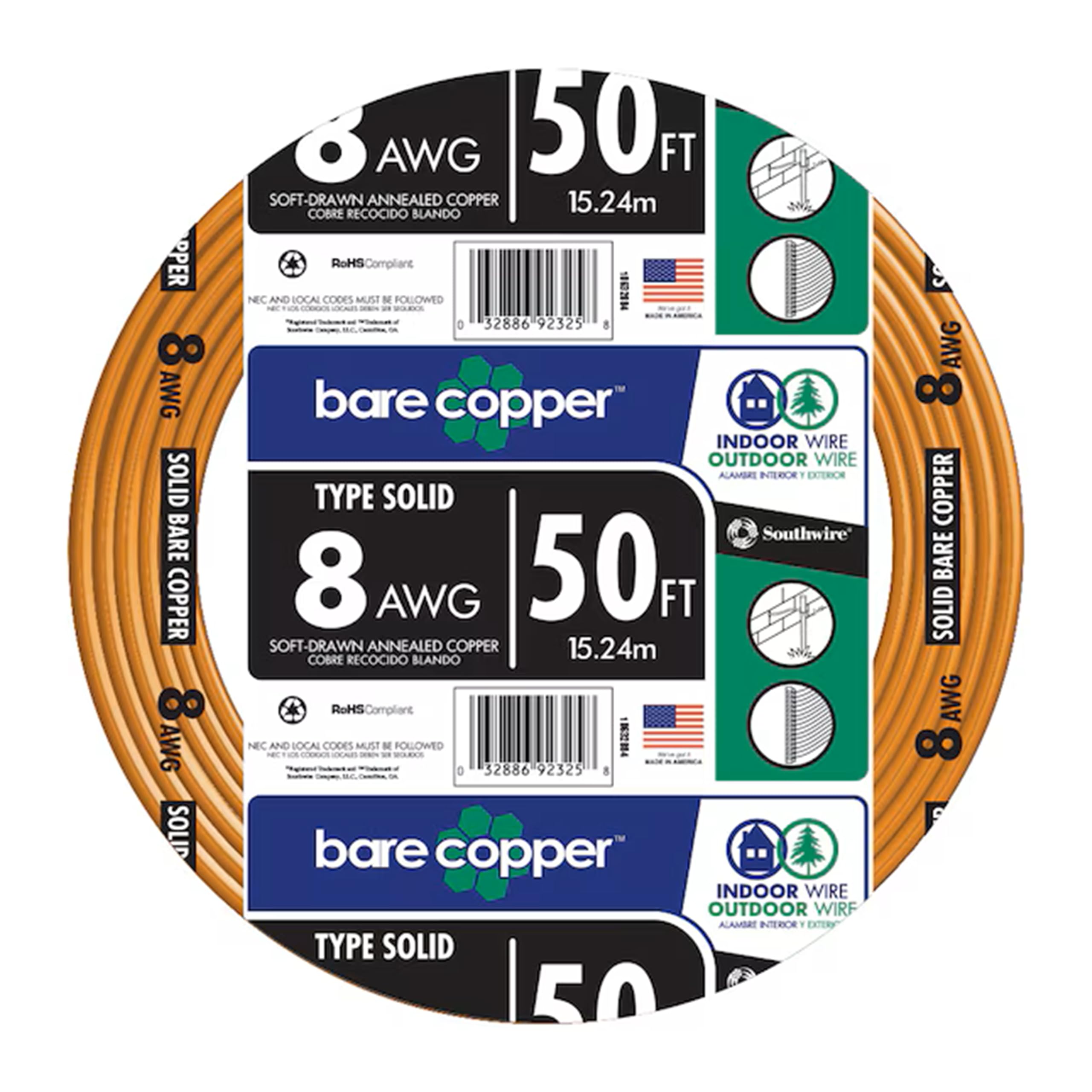 Southwire 8-Gauge Bare Copper Wire – Solid Soft‑Drawn Uninsulated Copper Conductor for Grounding & Electrical Applications, 50ft