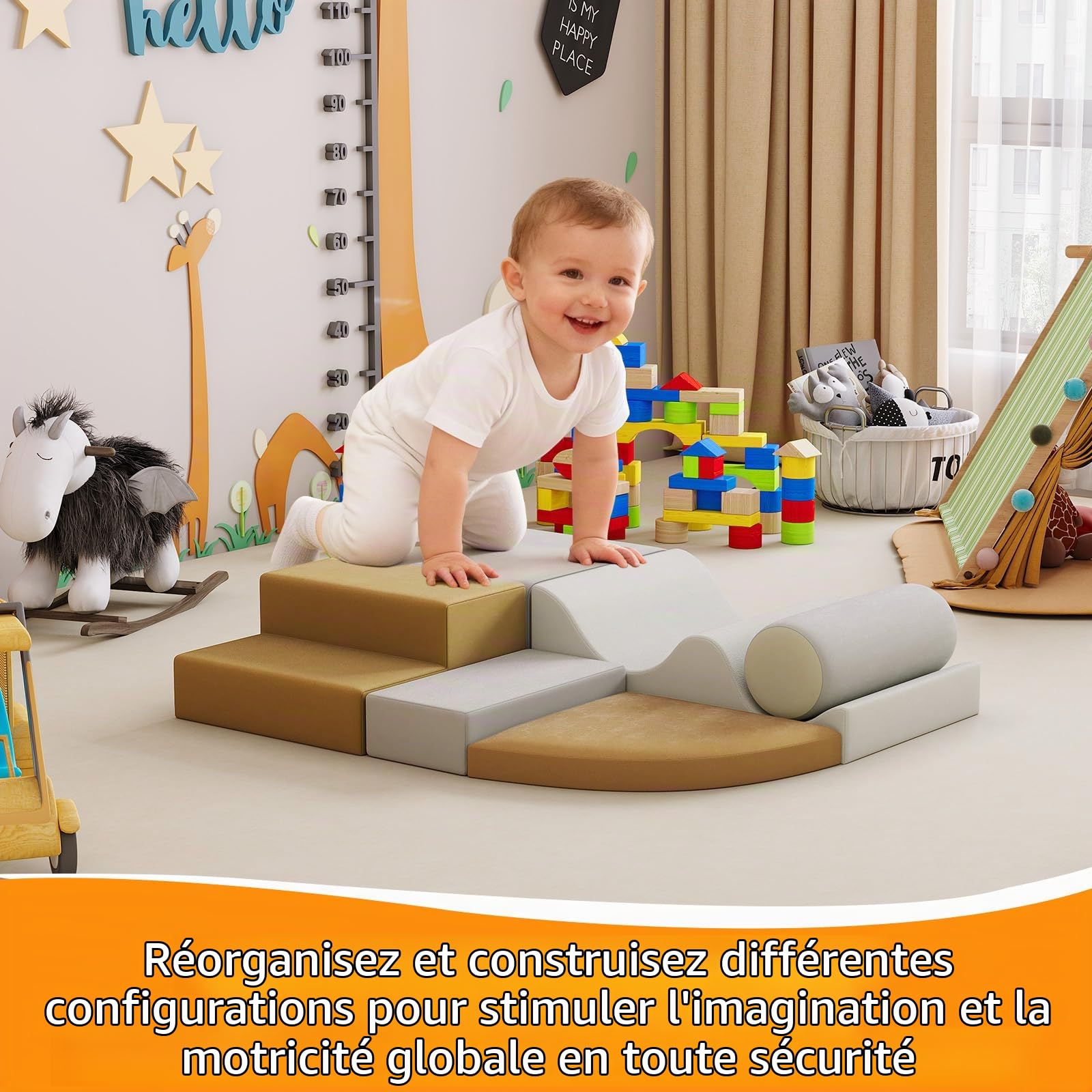Parcours Motricité Bébé 6 Pièces, Module De Motricité En Mousse Souple, Blocs d'Escalade Lavables, Jeu d'Intérieur Pliable Pour Maison Et Crèche, Développement Motricité Globale, 100x80x20 cm