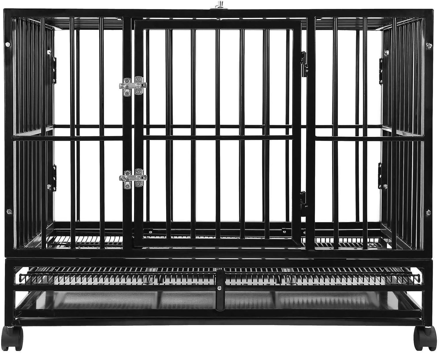 SmithBuilt 42" Large Heavy-Duty Dog Crate Cage - XL Two-Door Indoor Outdoor Pet & Animal Kennel with Tray - Black