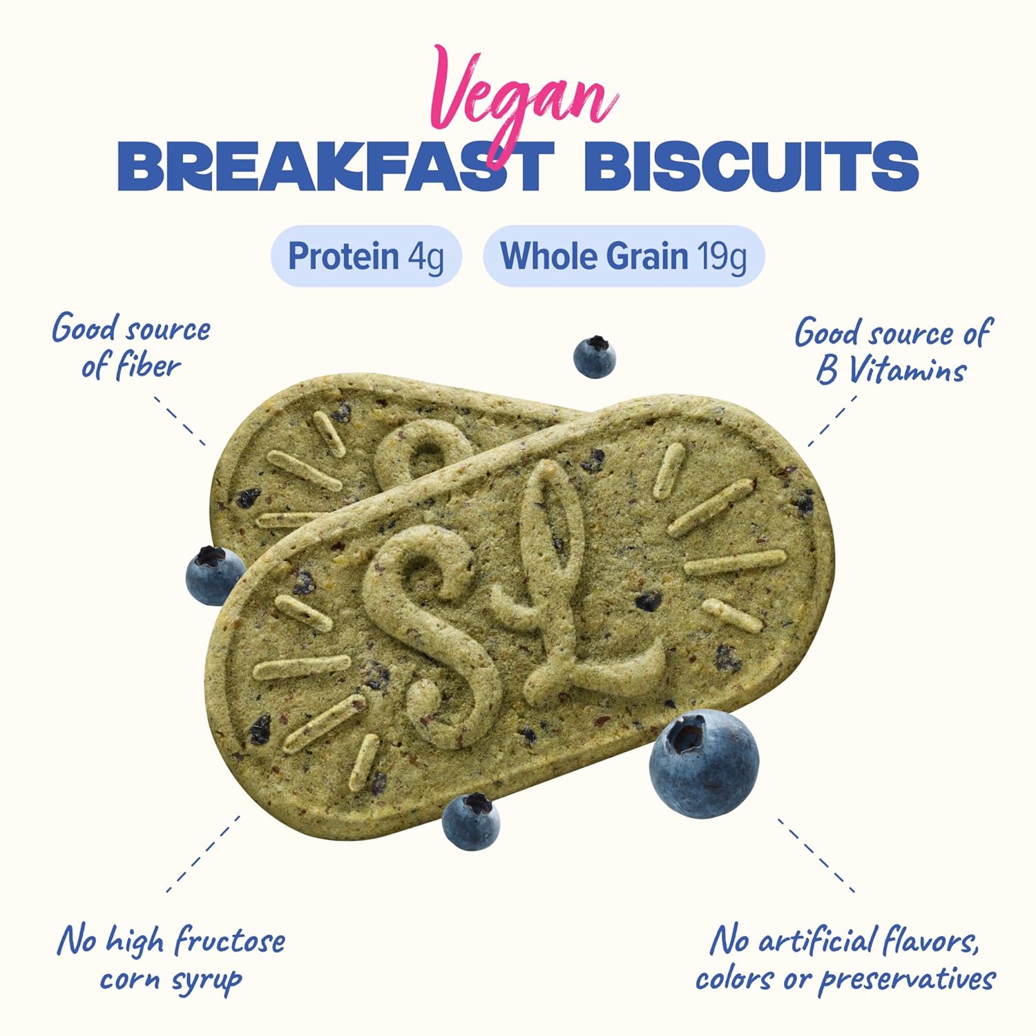 Sweet Loren's Vegan Breakfast Biscuits | Blueberry | 4g Protein, 19g Whole Grains | Plant Based, Gluten Free, Dairy Free, Nut Free Snacks | 6 Pack (90 Total Biscuits, 1.6 ounce each)