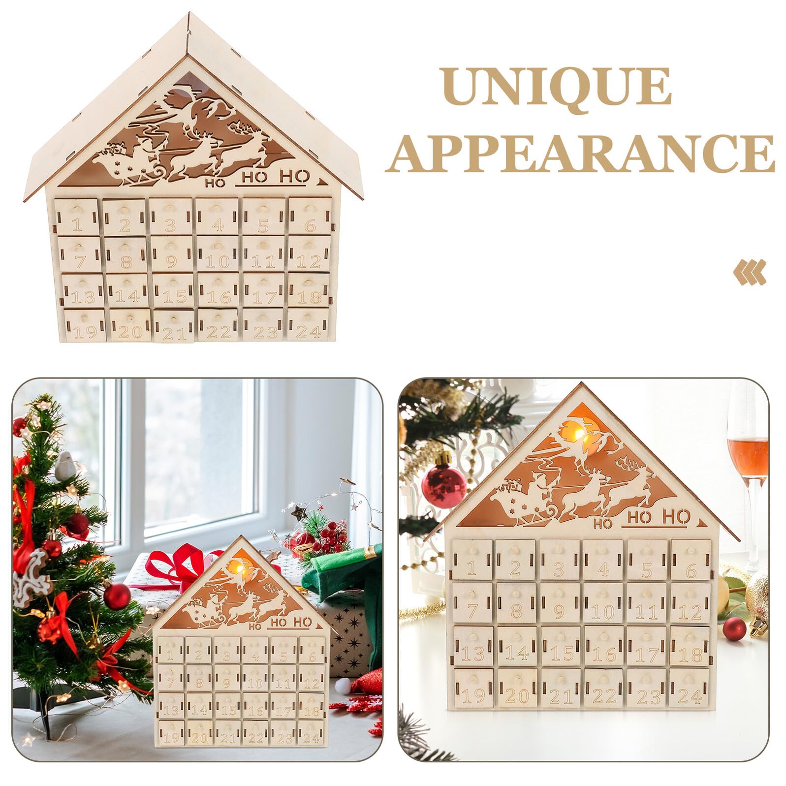 LED Beleuchteter Holz Adventskalender mit Wiederverwendbarer Weihnachts Countdown Kalender für Tisch Kamindekoration Rustikale -optik