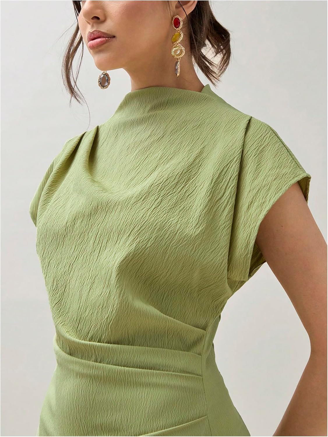 Milumia Women's Summer Textured Mock Neck Cap Sleeve Dress Elegant Asymmetrical Hem Mini Dresses - Image 4