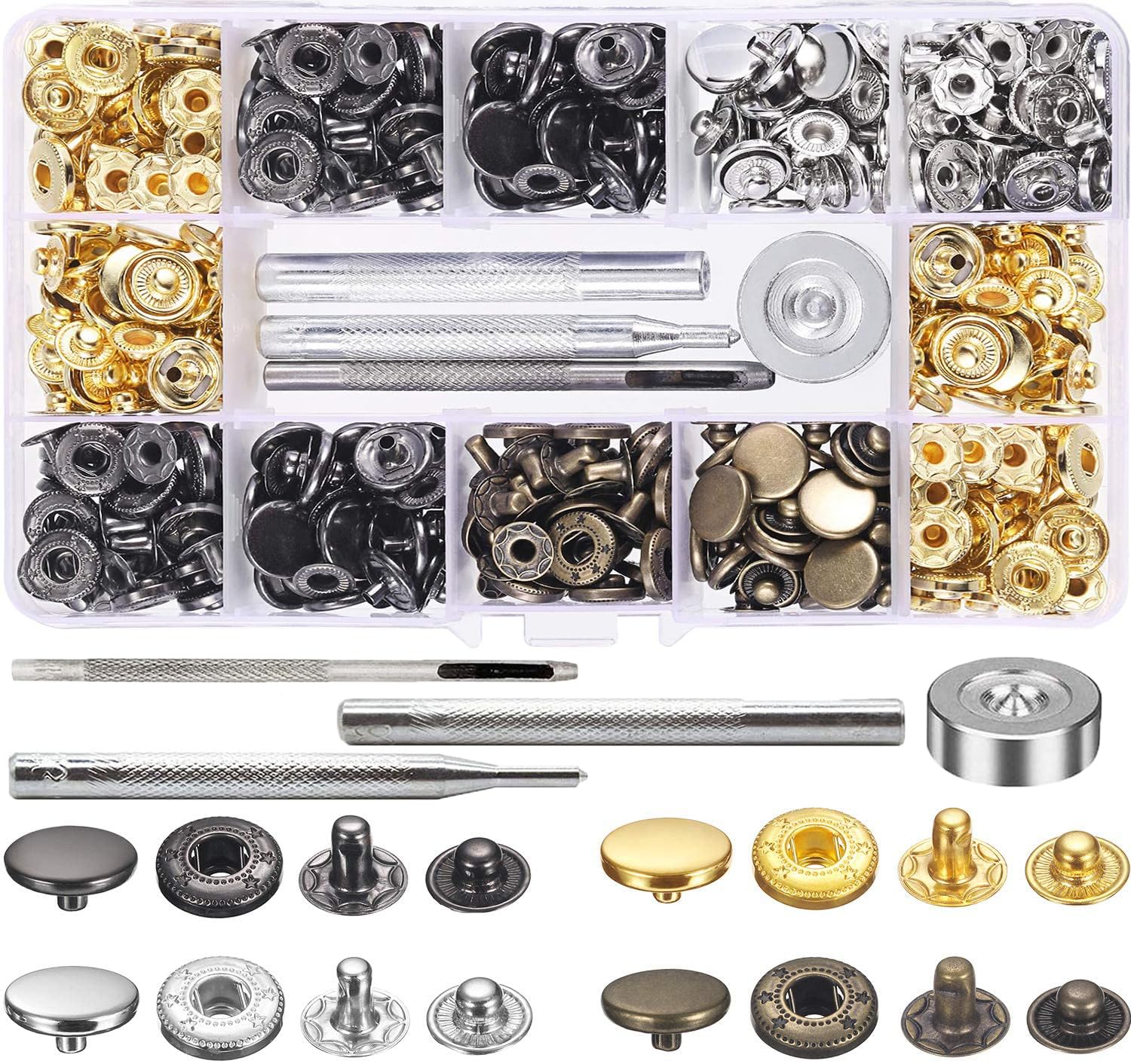 80 Sets Snap Fasteners Kit, BetterJonny 15mm Heavy Duty Press Studs Metal Leather Snap Buttons with 4 Setter Tools for for Clothing Sewing Leather Craft 4 Color