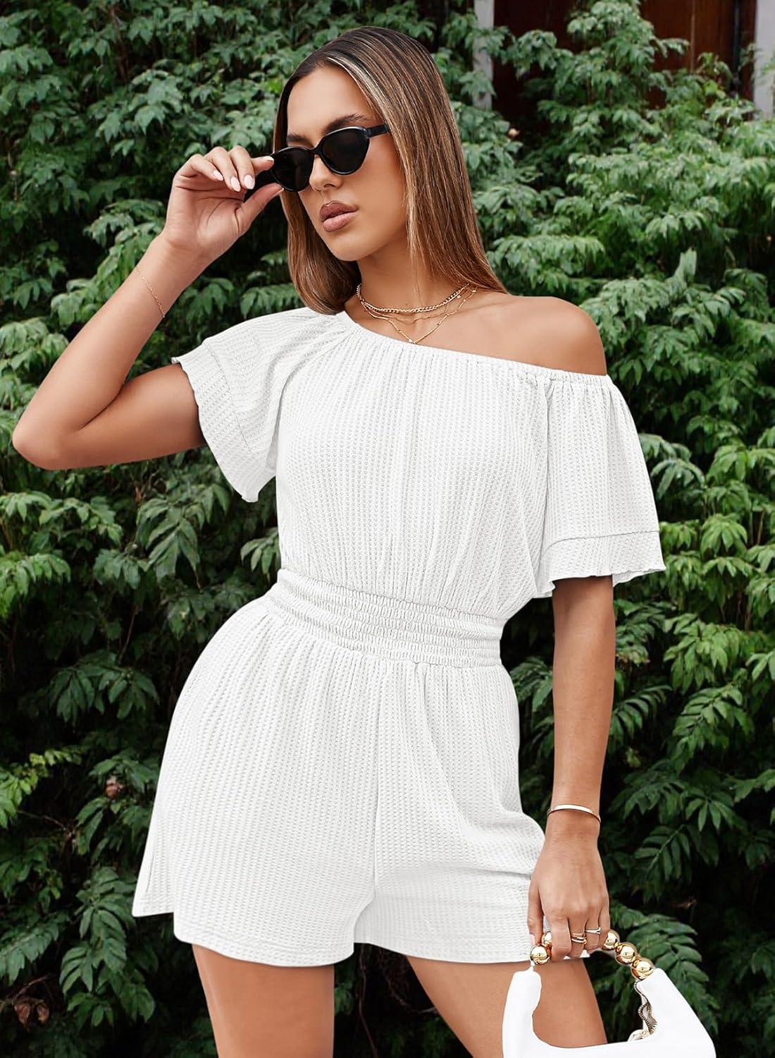 Fixmatti Womens Off The Shoulder Romper Short Sleeve Smocked Waist Mini Jumpsuit with pockets - Image 4