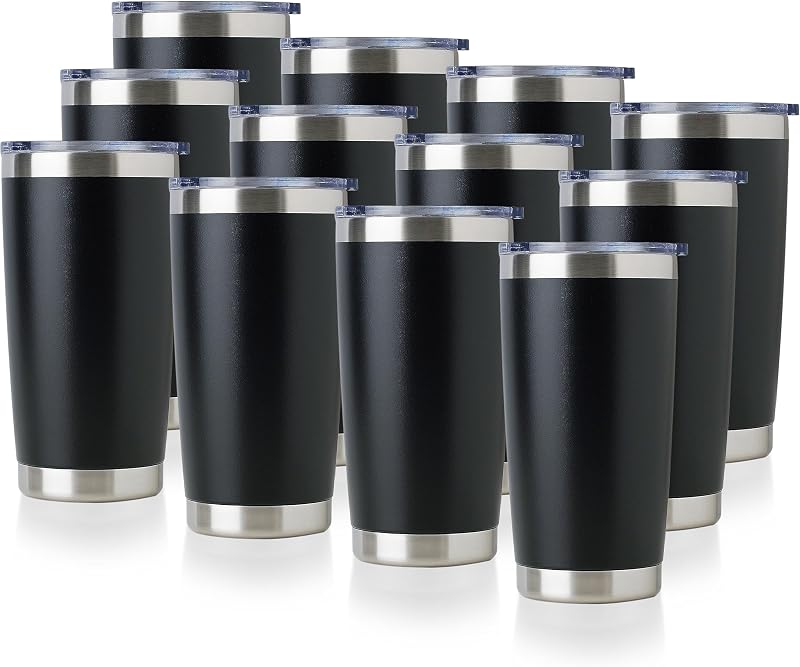 DOMICARE 20oz Stainless Steel Tumbler Bulk with Lid, Double Wall Vacuum Insulated Travel Mug, Powder Coated Coffee Cup, Powder Black, 12 Pack