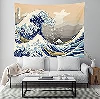 Vista 2 de CORFOTO Tapiz retro de 60 x 40 pulgadas, prefectura japonesa de Kanagawa, tapiz de ondas japonesas antiguas, tapices de estilo japonés