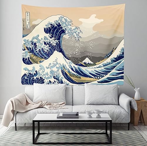 Miniatura 2 de CORFOTO Tapiz retro de 60 x 40 pulgadas, prefectura japonesa de Kanagawa, tapiz de ondas japonesas antiguas, tapices de estilo japonés para