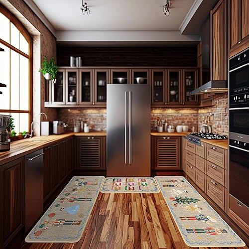 Miniatura 3 de Layhit Juego de 3 tapetes de cocina de Navidad con alfombras y tapetes de pasillo de acuarela, tapetes decorativos de cocina de Navidad, alfombra de