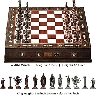 Luxury Wooden Chess Set with Metal British Army Pieces – Handmade Walnut Chess Board with Storage – Decorative Gift for Adults & Father Gift (Rose)