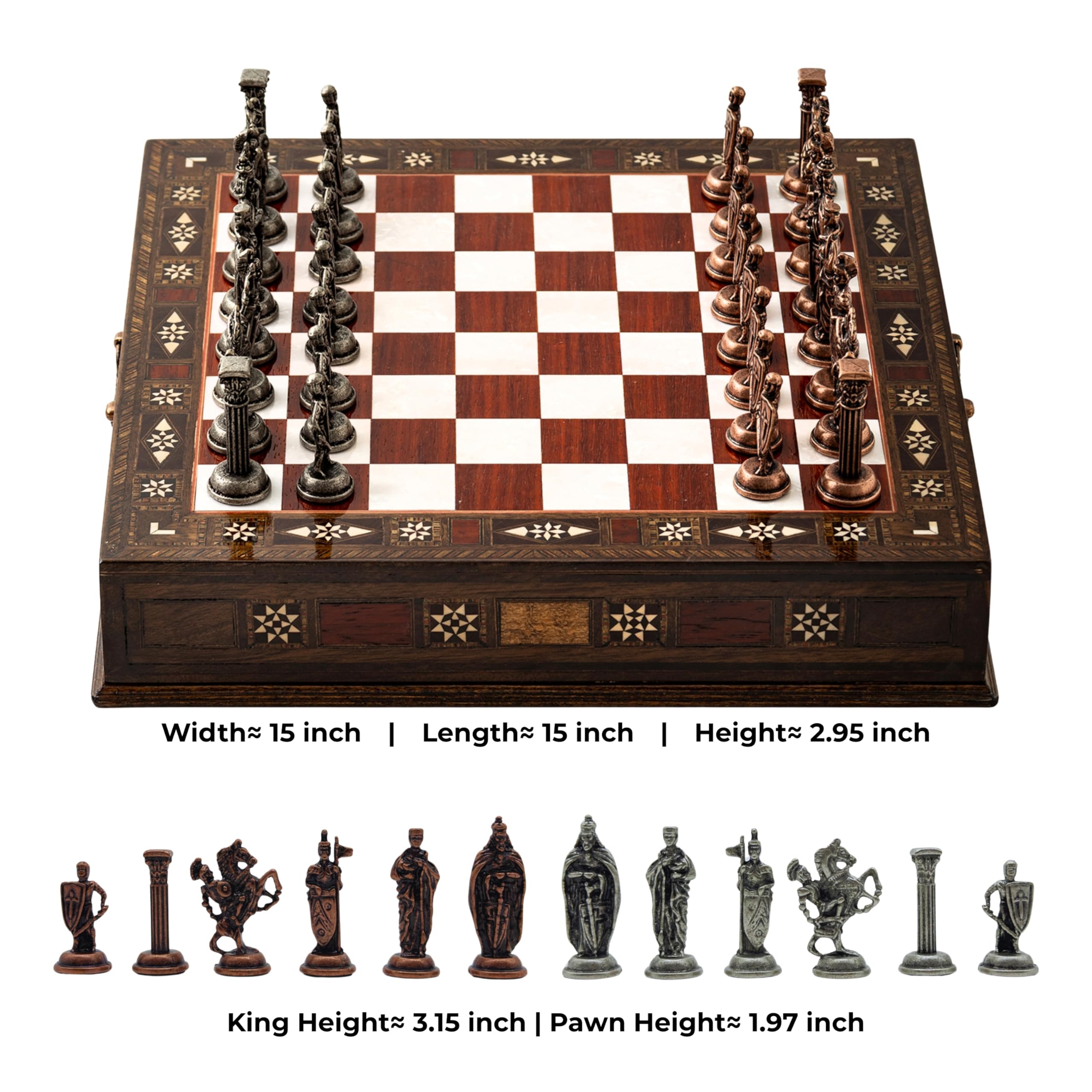 Luxury Wooden Chess Set with Metal British Army Pieces – Handmade Walnut Chess Board with Storage – Decorative Gift for Adults & Father Gift (Rose)