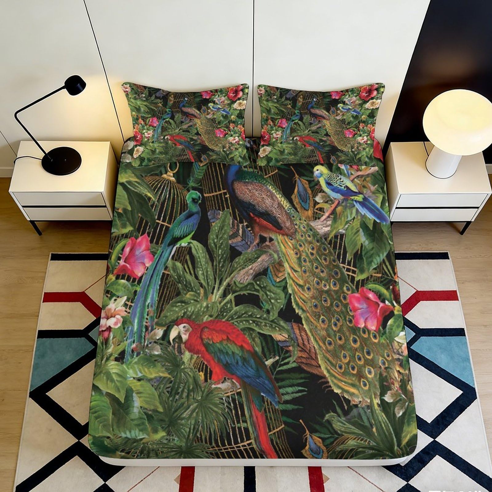 3D Printed Tropical Birds Fitted Sheet Microfiber Soft Jungle Parrot Mattress Cover for Bedroom Dorm Decor 90x200x25cm