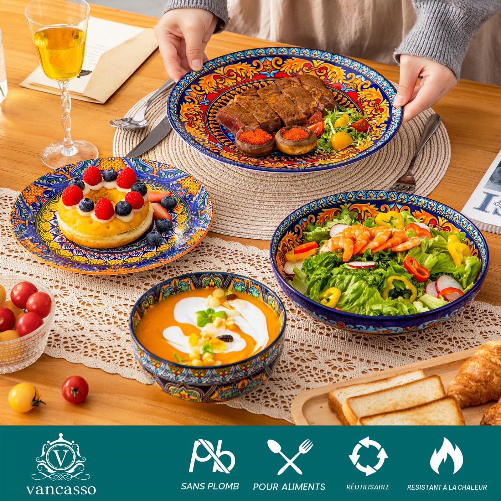 Service de Vaisselle 6 Personnes en Céramique, vancasso KRVI 24 Pièces Porcelaine Moderne, Service de Table Style Bohémien, Ensemble Assiettes et Bols, Service Combiné Coloré