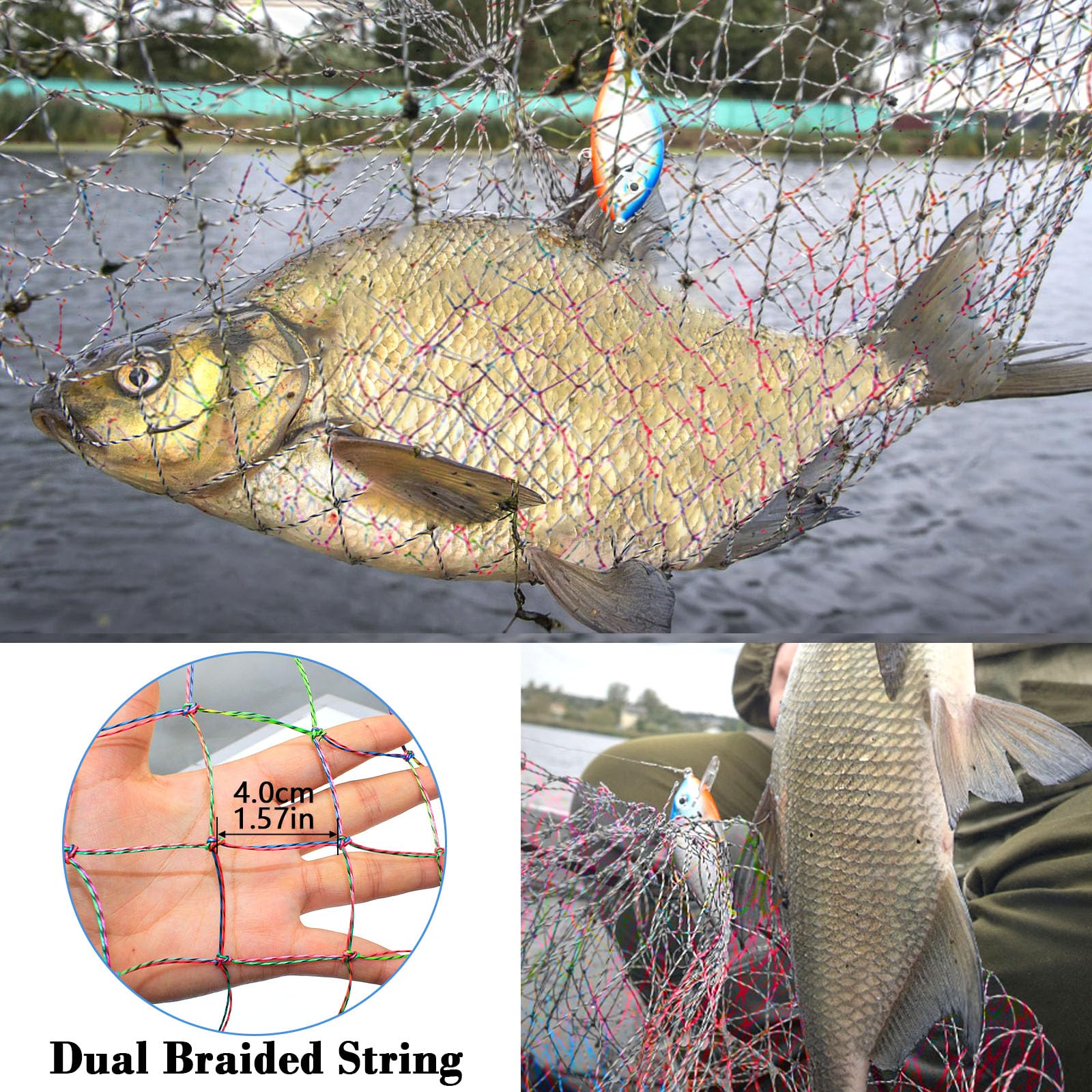 Red de pesca de puente y muelle, diseño resistente para peces grandes, red de pesca portátil con cuerda, aro de acero suave grueso, red colorida de doble línea, cuerda y bolsa de