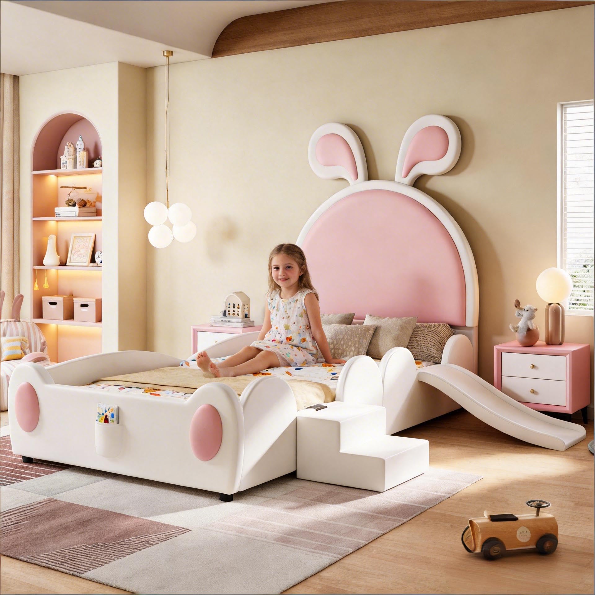 Kinderbett 90x200cm, Kinderbett Mädchen mit Hasenohren Kopfteil, Prinzessin Bett Kleiner Treppe und Kinder Rutsche, PU Polsterbettohne Matratze, Weiß und Rosa