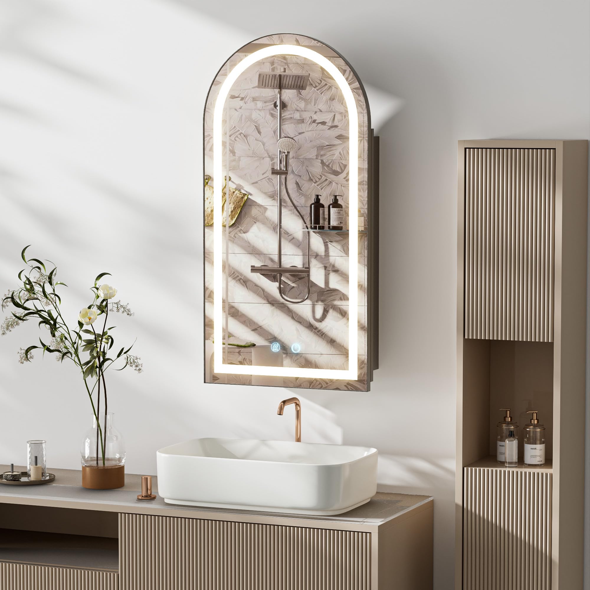 Specchio Contenitore Bagno con Luce e Antiappannamento Arcuata Metal Armadietto Bagno a Parete con 2 Mensola (Nessun assemblaggio richiesto) Specchio Contenitore Bagno 40x79x12.5 cm