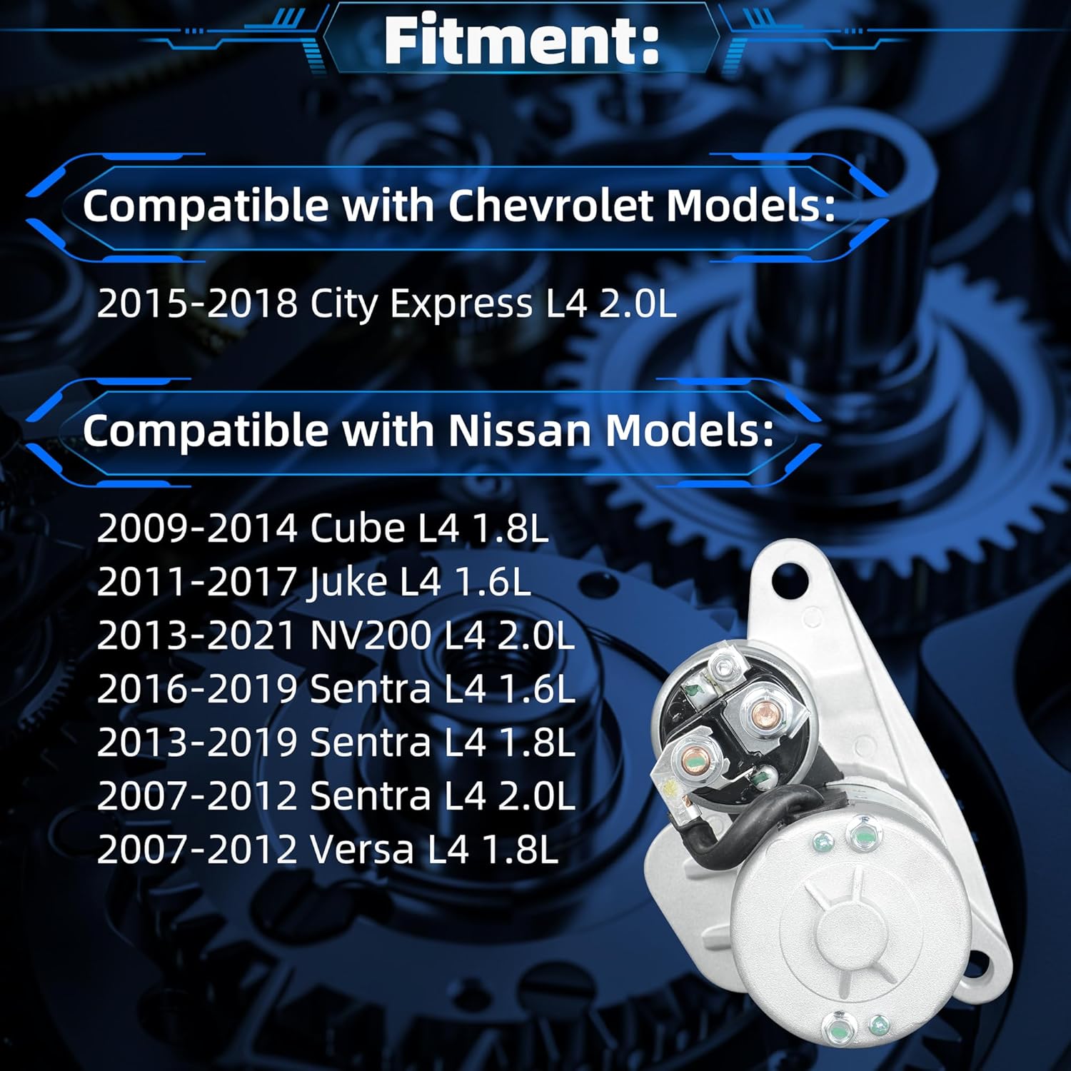 New Starter Motor 17982N Compatible with Nissan Cube 2009-2014, Sentra 2007-2019, NV200 2013-2021, Juke, Versa, Chevrolet City Express L4 1.6L 1.8L 2.0L Replace OE S114-955A 23300-EN200