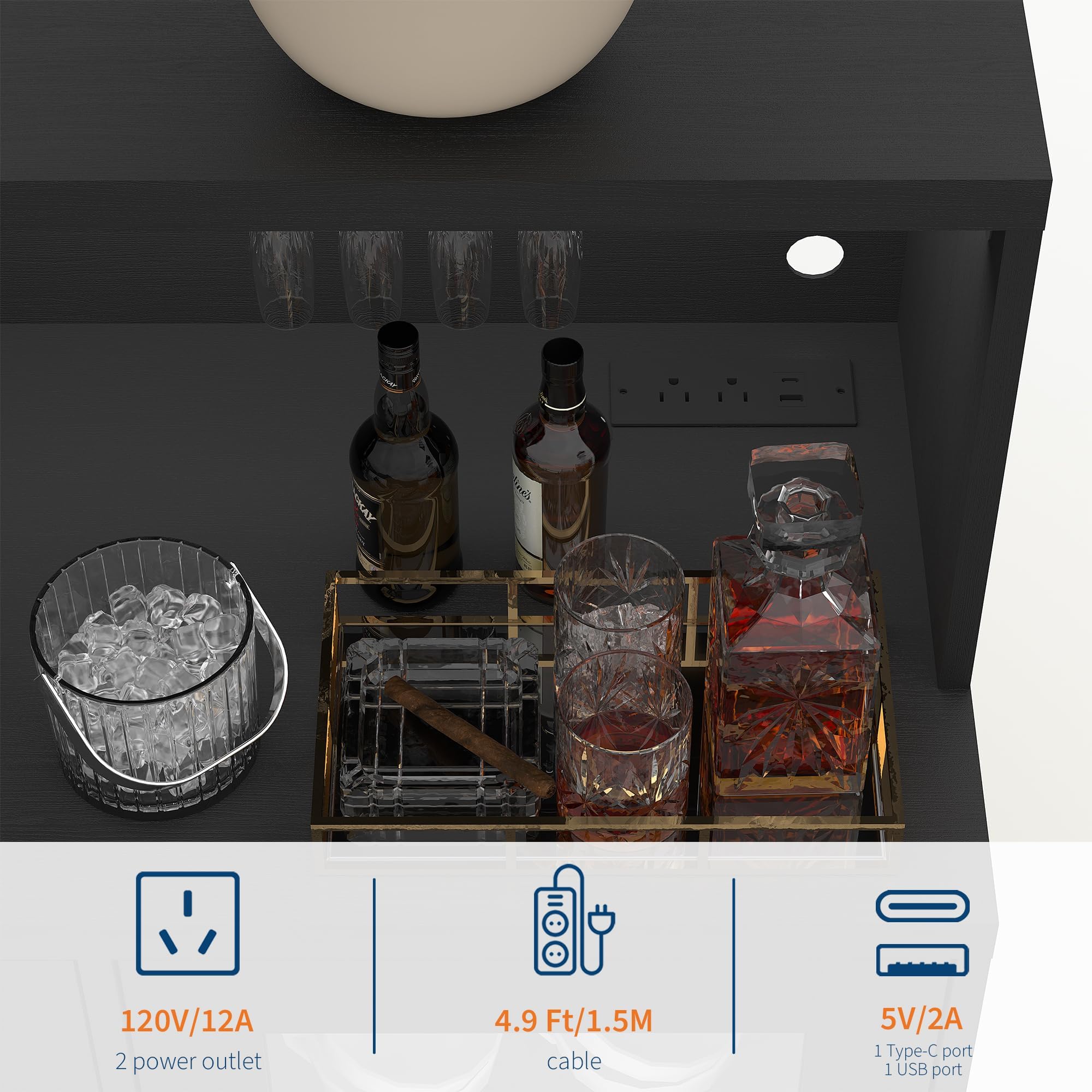 Garvee Modernes Wein- und Barschrank mit LED-Beleuchtung – Glashalter, Schublade, Steckdose, Platz für 8 Flaschen & 9-15 Gläser – Farbe: Schwarz