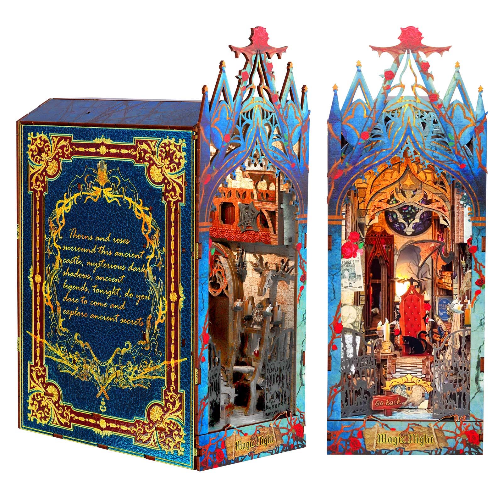 Cuteefun DIY Book Nook, Miniature Dolls House Kit with LED Light, Bookends Bookshelf Insert Decor, Model kit for Adults to Build (Magic Night Castle)