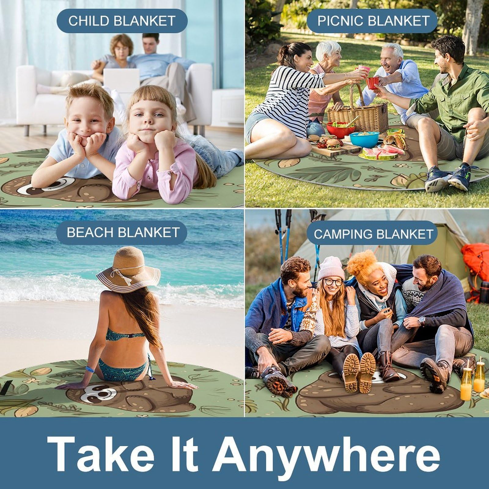 Koc piknikowy z leniwcem na trawie, okrągły, składany, lekki, wodoodporny koc plażowy, koc outdoorowy, na wiosnę, lato, kemping, do parku, trawy podróżnej