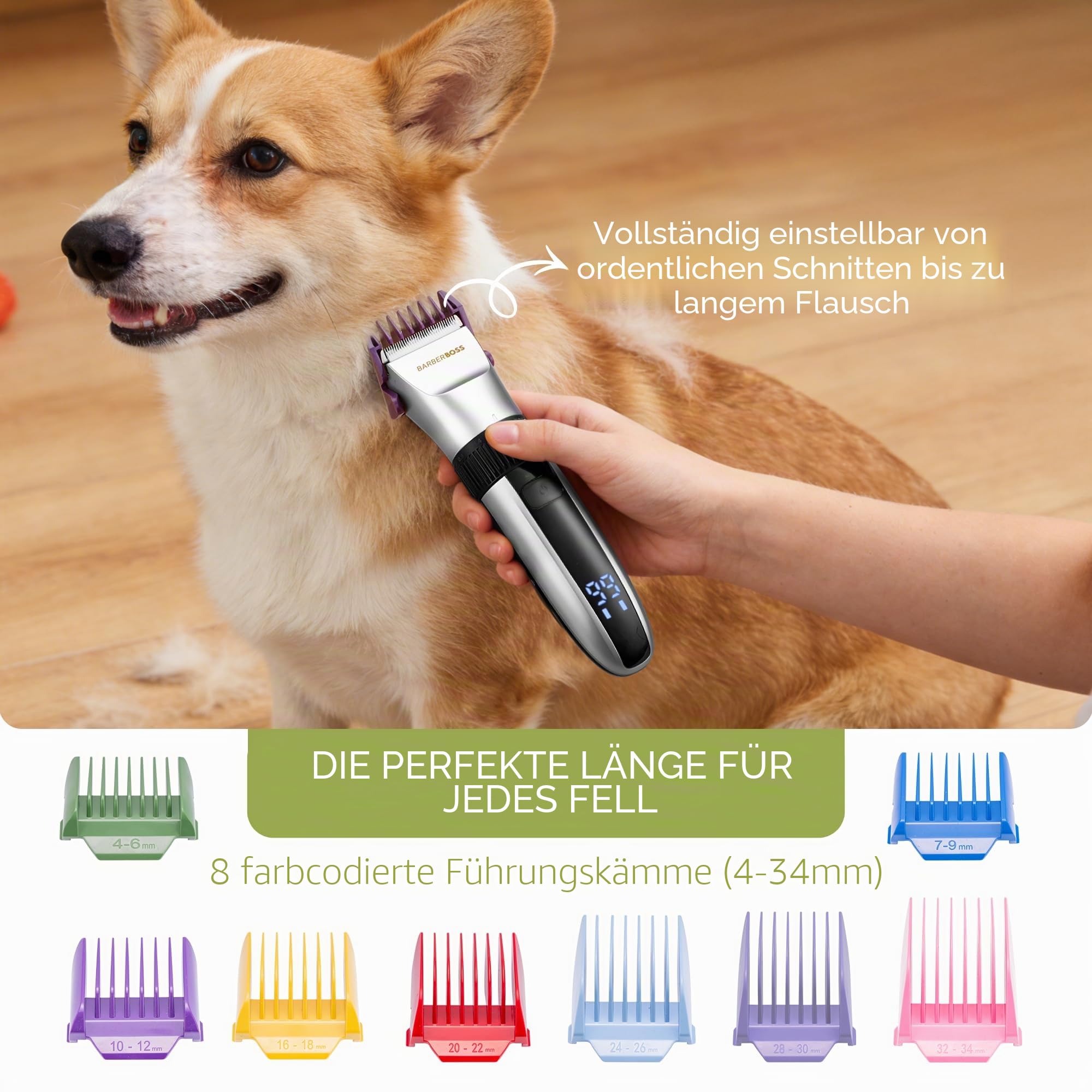 BarberBoss Kabelloser Haustier-Fellpflege-Clipper, Keramikklingen, LED-Display, schnelles Aufladen, elektrische Haustierschneidemaschine für Hunde und Katzen (Silber und Weiß) | Für Hunde und Katzen, Geräuscharm, LED-Anzeige, Wasserdicht, USB-aufladbar, K