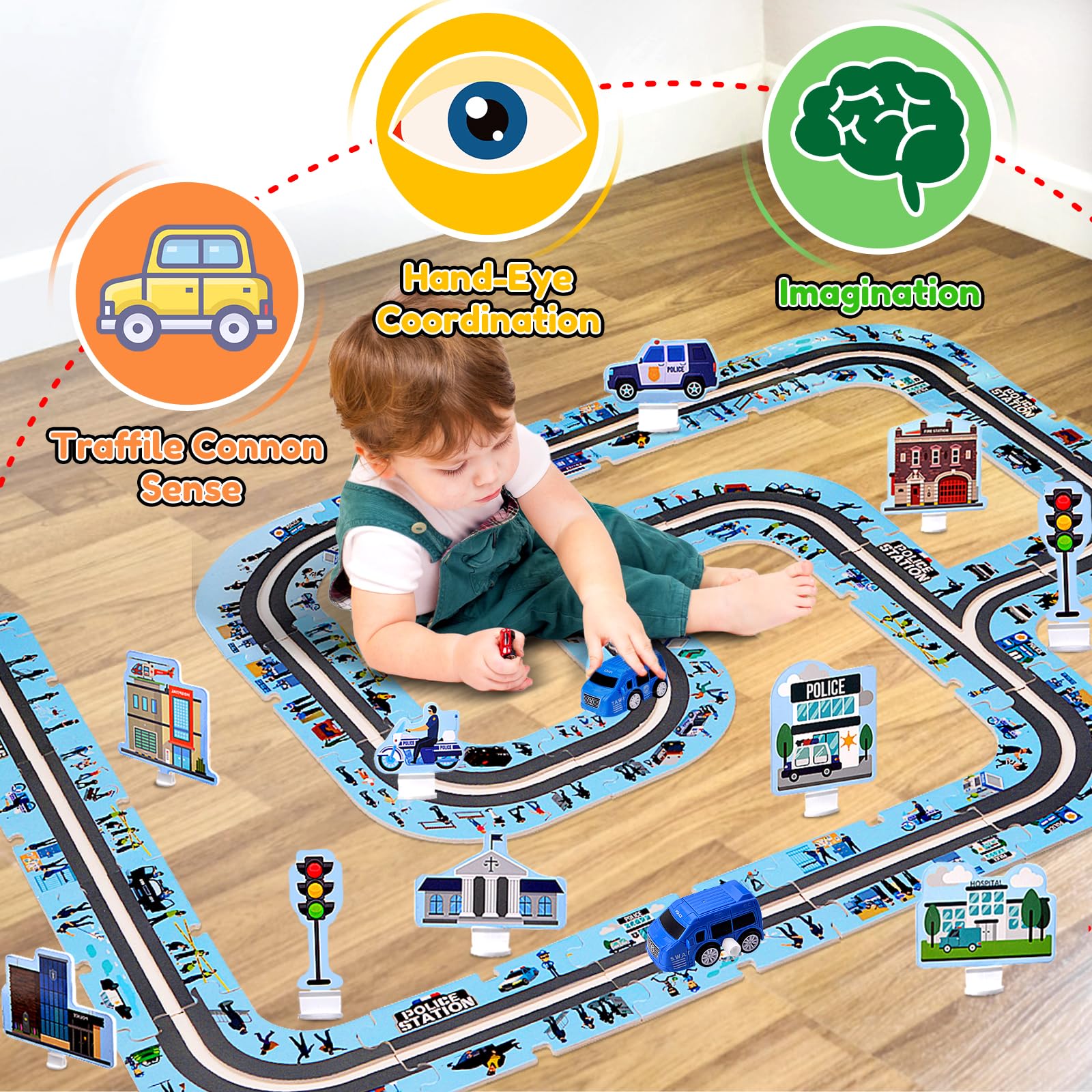 Puzzle Piste Voitures électriques - Jeu De Construction Montessori - Pour Enfants 3 Ans Et Plus - 39x50 Cm