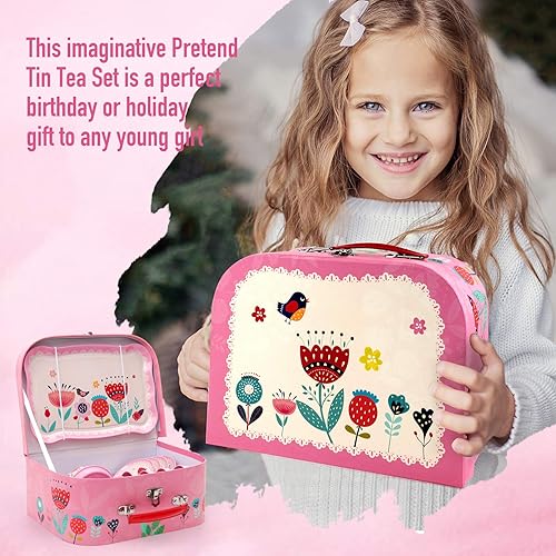 Miniatura 7 de D-FantiX Juego de té para niños y niñas, 15 piezas, juego de fiesta de té de lata rosa para niños pequeños, juego de té de la tarde con teteras de