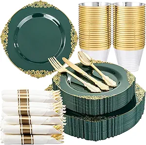 Nervure 175PCS Green Plastic Plates - Disposable Green Gold Party Plates & Pre Rolled Napkins with Cutlery for 25 Guests, 50Plates, 75Silverware, 25Cups, 25Napkin for Wedding & Party