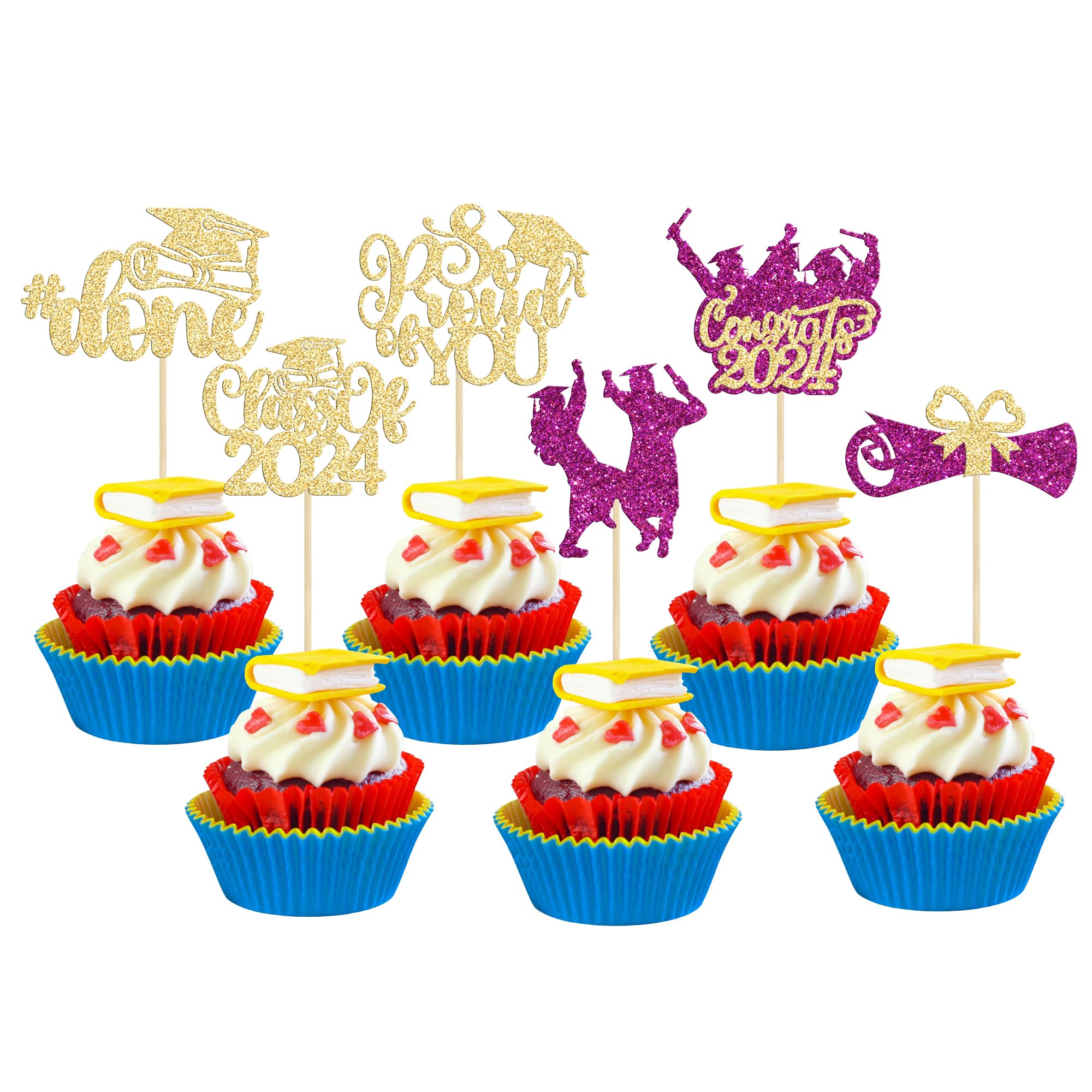 Gyufise 24Pcs Class of 2026 Cupcake Toppers Glitter 2026 Congrats Grad So Proud of You 2026 Cake Decorations Cap Diploma Cupcake Picks 2026 Graduation Theme Party Cake Decorations Supplies Purple