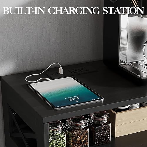 Miniatura 8 de GAOMON Aparador de bufé de 51 pulgadas, barra de café rústica de madera, armario de almacenamiento grande con cajones y tomas de corriente, estantes