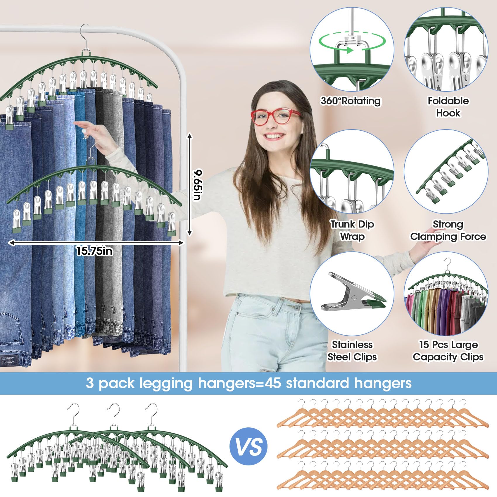 Organizer na legginsy do wieszania w szafie, wieszaki na spodnie z 15 klipsami, pomieści 45 legginsów, szortów, spódnic, dżinsów, czapek, wieszaków na spodnie, oszczędzających miejsce, organizery do