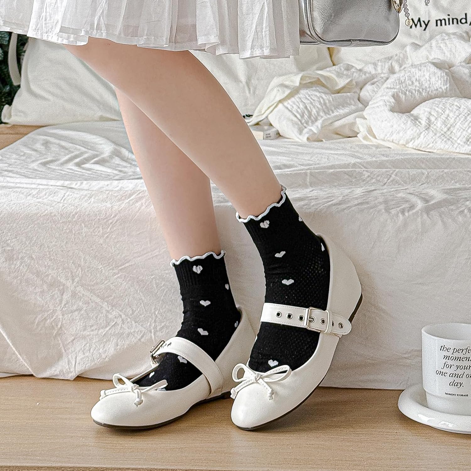 Mcool Mary Women's Ruffle Socks Thin Breathable Mesh Casual Cotton Frilly Cute Ankle Socks Polk dots Heart White Sock 6 Pack Size 5-9 - Image 7