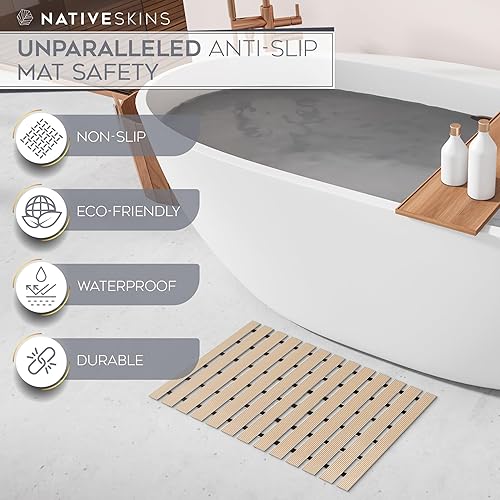 Miniatura 7 de NativeSkins Tapete de ducha de bambú sintético (beige), forro de seguridad antideslizante, impermeable, de secado rápido, tapete de baño de listones