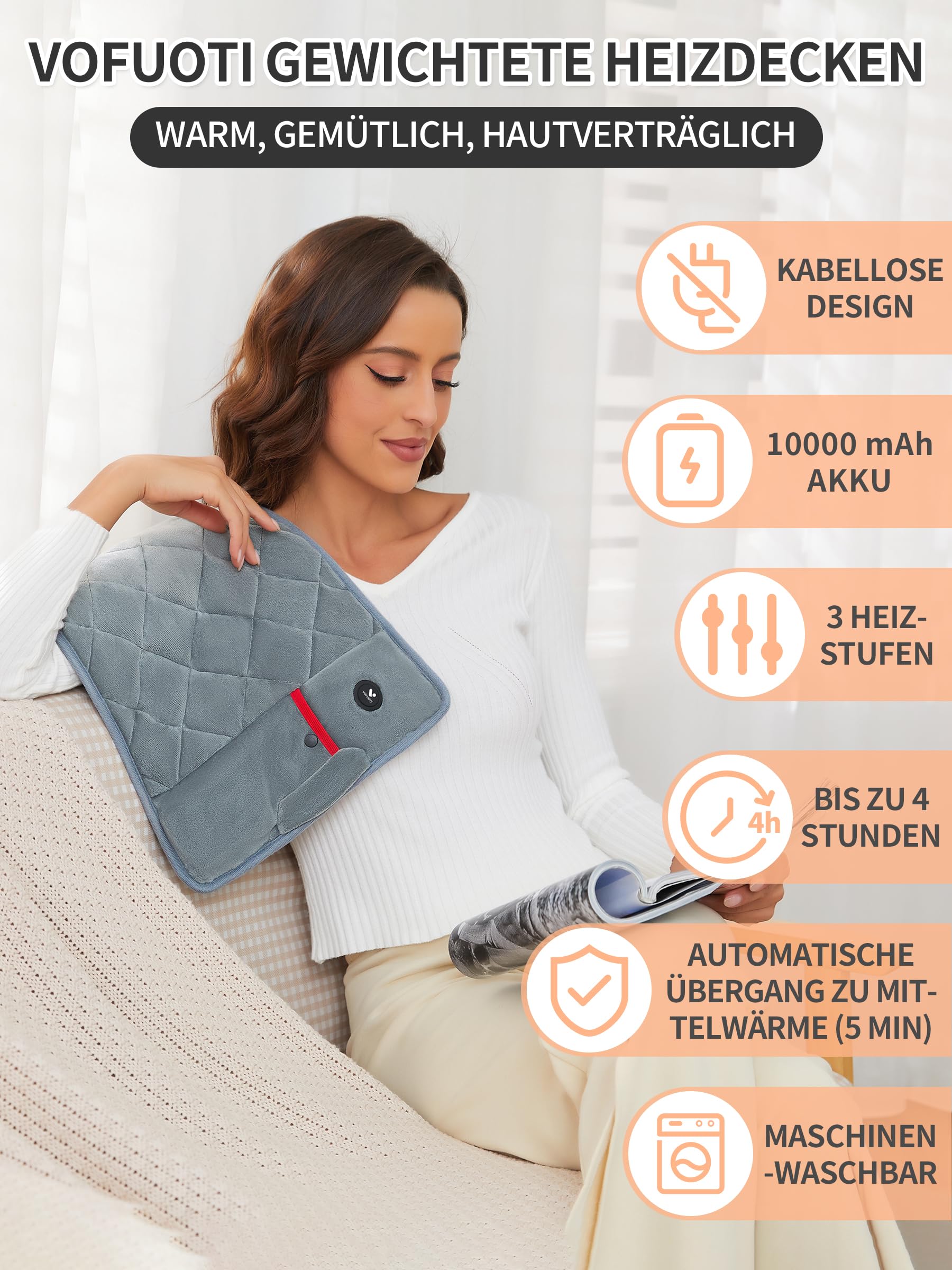Vofuoti Heizdecke mit Akku Kabellos,10000mAh,Heizkissen Rücken mit 3 Heizstufen,Wärmekissen Elektrisch für Rücken,Schulter,Bauch,Nacken,Beine Knie,Maschinenwaschbar,MuttertagsGeschenk für Frauen