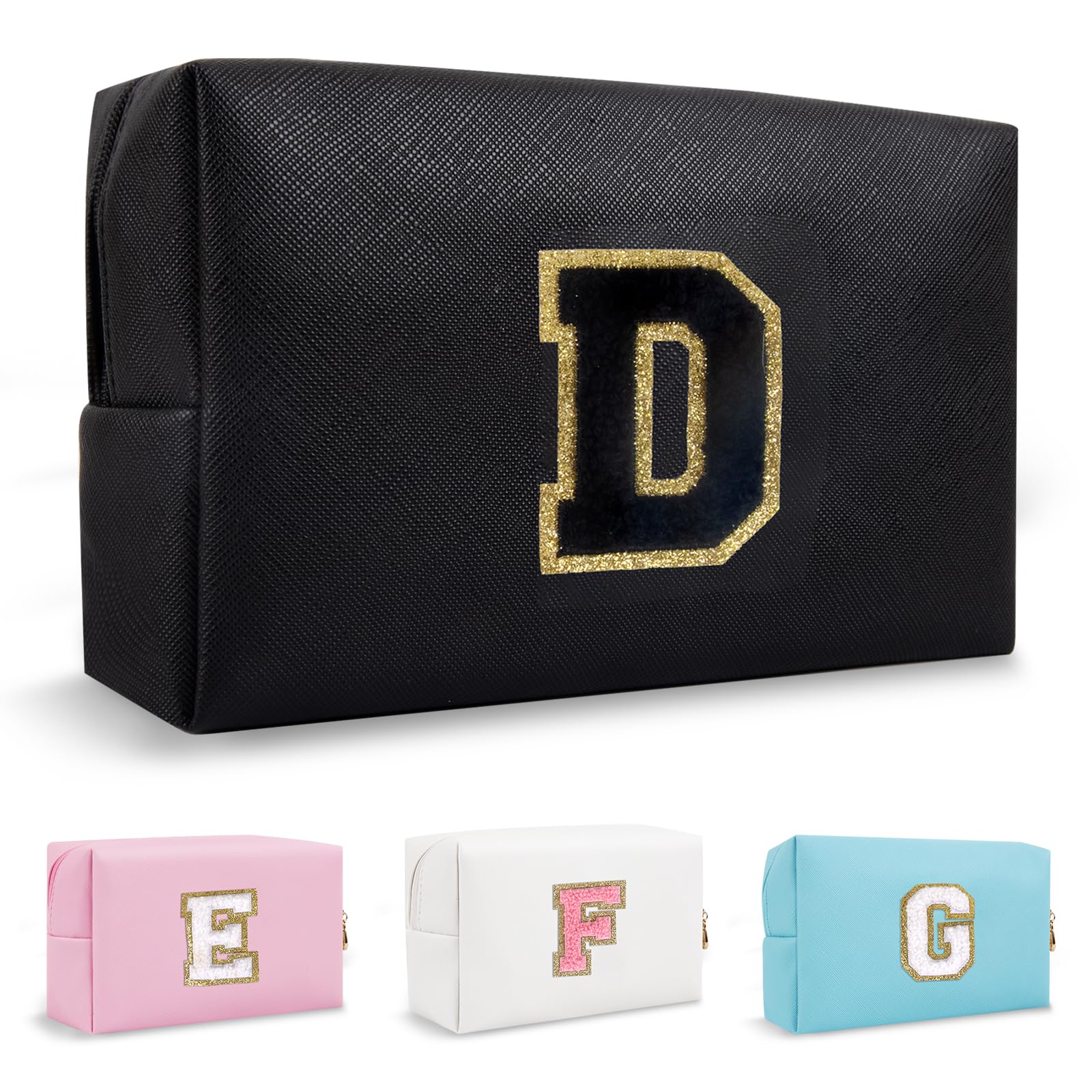 BiileenPersonalized Initial Preppy Makeup Bag Small Cute Travel Chenille Letter Pouch, Black, D, Fashion