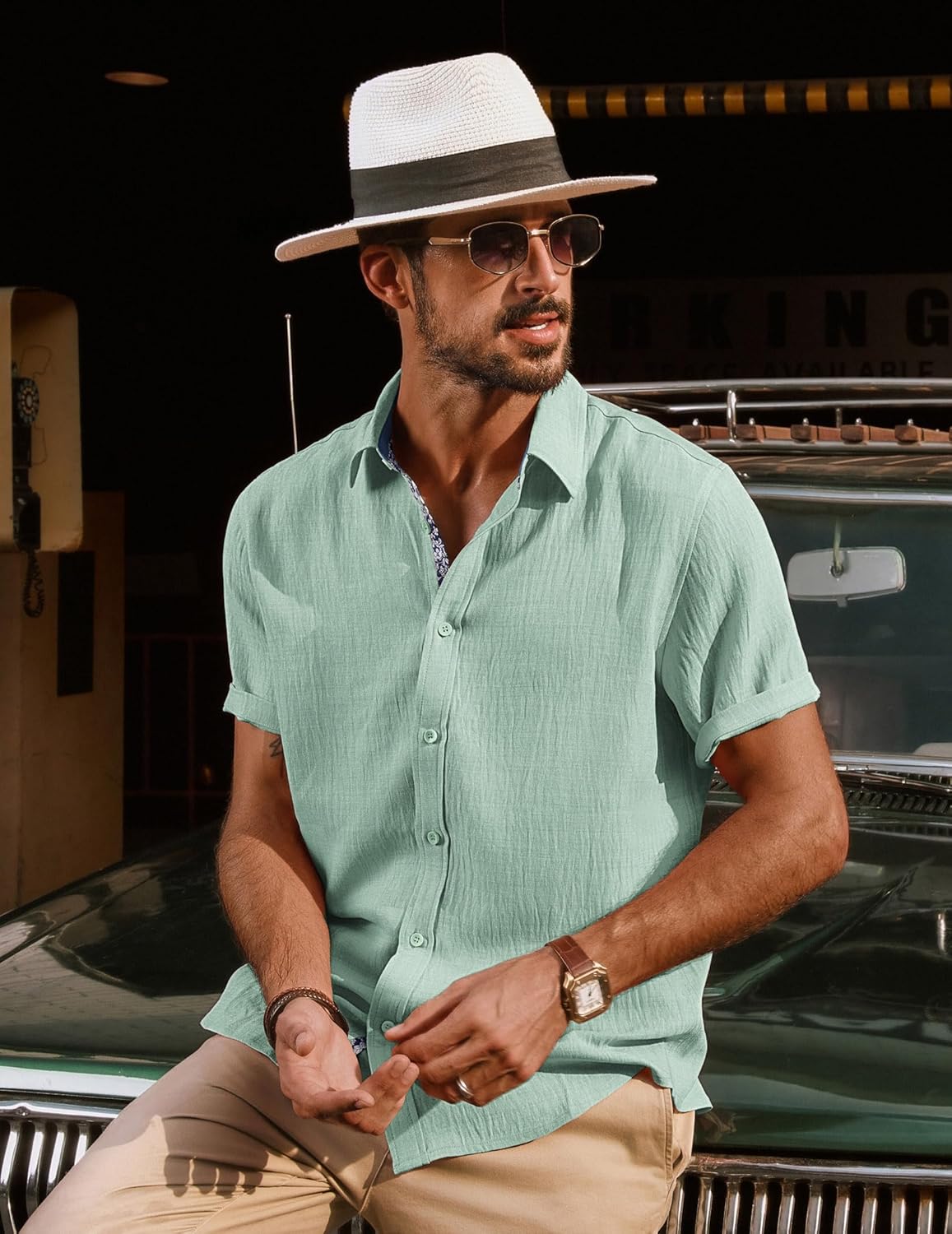 PJ PAUL JONES Men's Button Down Short Sleeve Shirt Casual Summer Beach Textured Wedding Shirts - Image 4