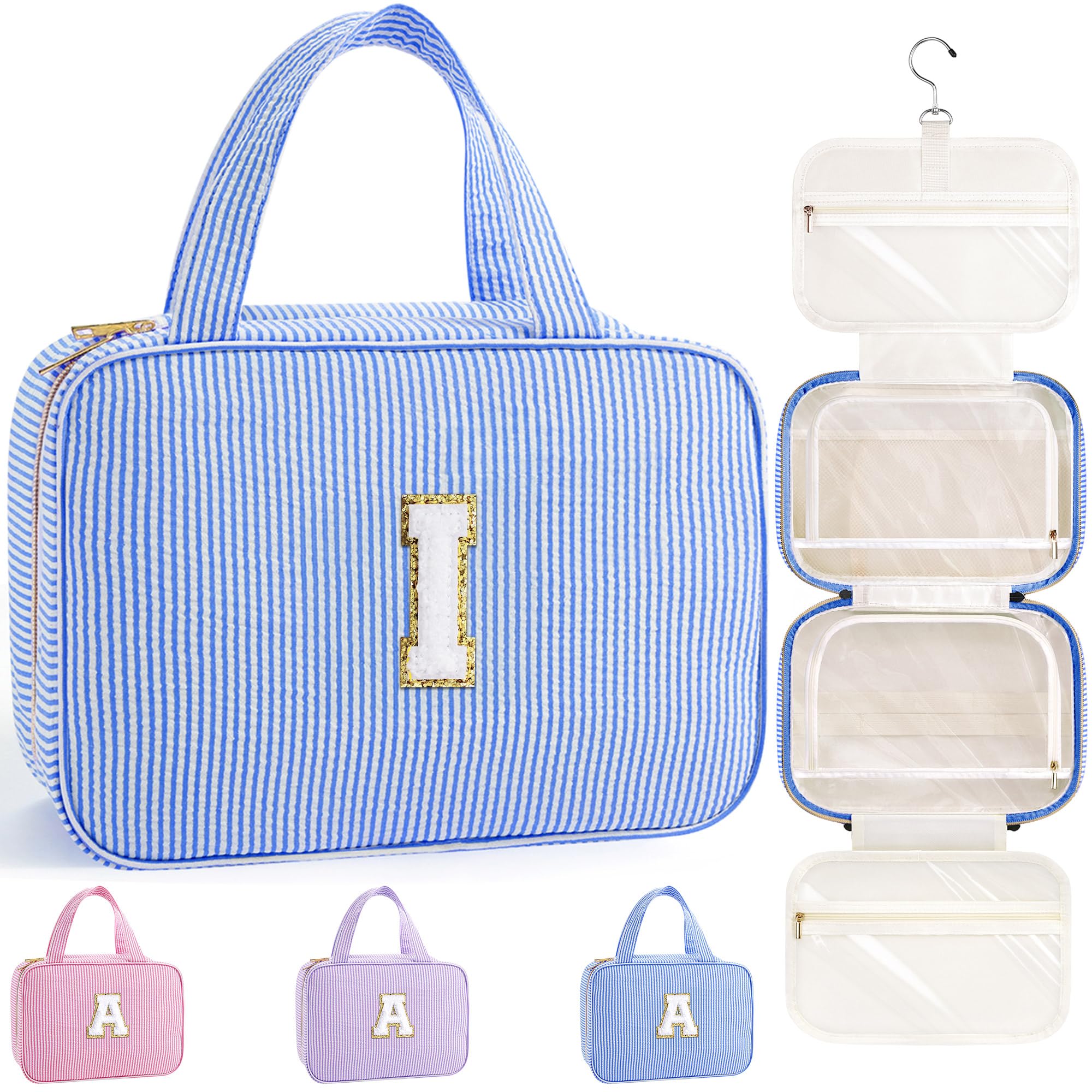 TOPEAST Travel Toiletry Bag for Women - Hanging Toiletry Bag Makeup Bag, Portable Toiletries Cosmetic Bag, Airplane Travel Essentials - Letter I, Blue