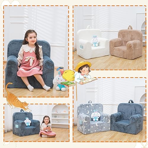 Miniatura 7 de SUFUS Snuggly-Soft - Sillón de felpa para niños y niñas, sofá de lectura con asa apta para niños para fácil movimiento y bolsillos dobles para