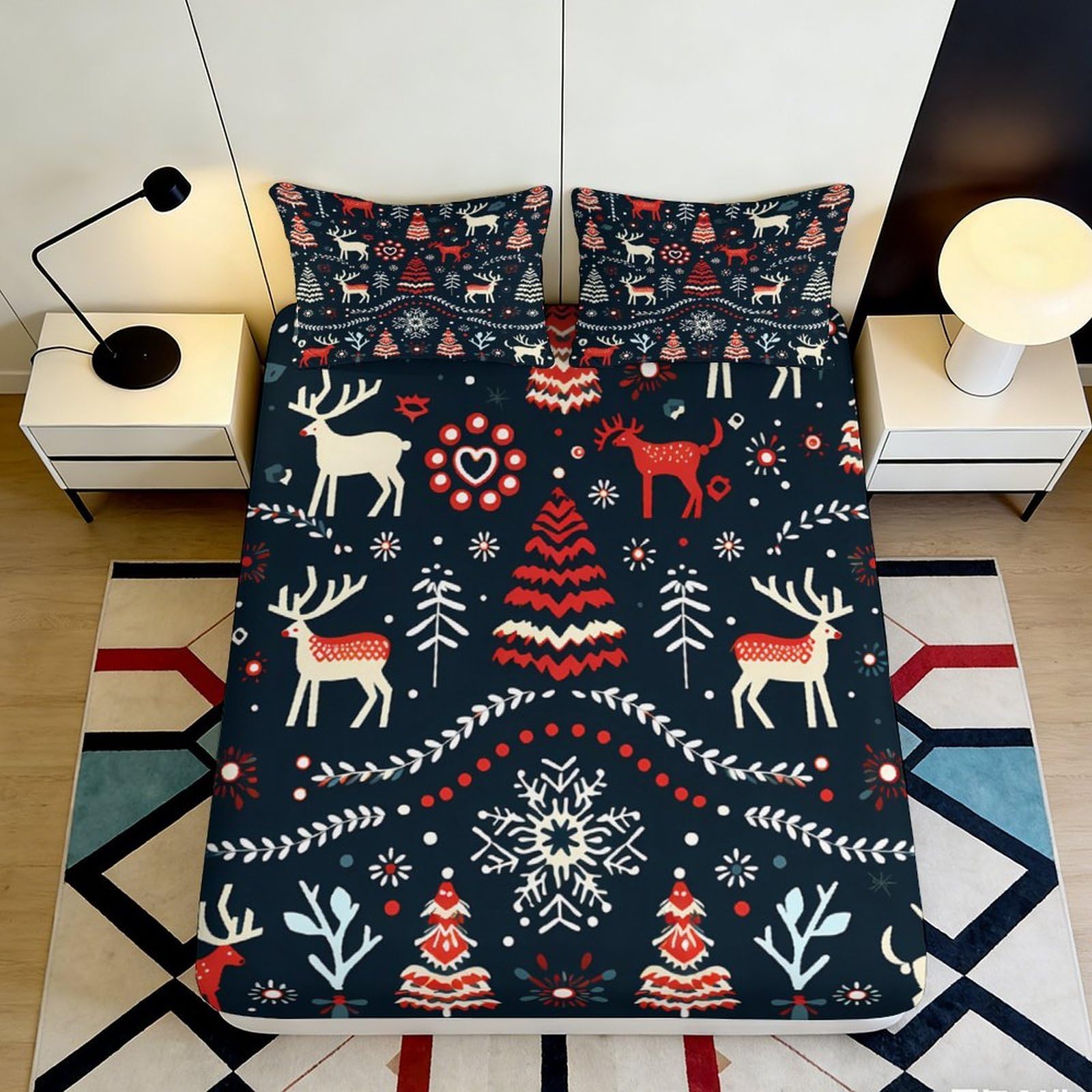 3D Printed Nordic Christmas Reindeer Fitted Sheet Microfiber Soft Breathable Snowflake Bed Cover for Bedroom Guest Room Decor 90x200x25cm