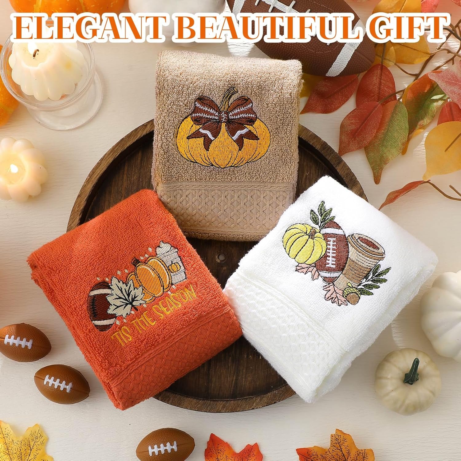 3Pcs Thanksgiving Hand Towels Fall Football Orange Hand Towels Tis The Season Fall Embroidered Decorative for Bathroom Kitchen Decor Set, 100% Cotton, 13.3 x 29.5'' - Image 5