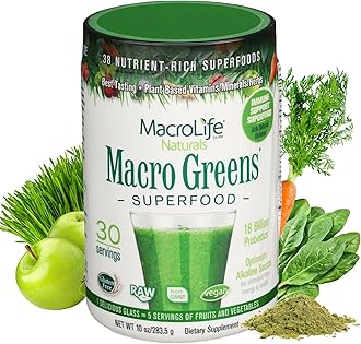 MacroLife Macro Greens Powder 38 Superfood Probiotics Antioxidants Digestive Enzymes & Adaptogen Supplement - Daily Super Green Juice & Smoothie Mix - Non-GMO Vegan Gluten-Free - 10oz (30 Servings)