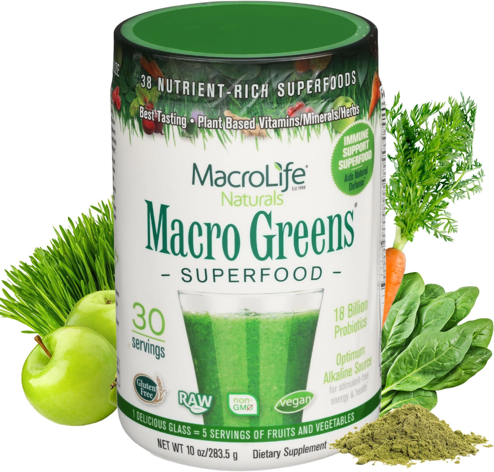 MacroLife Naturals Macro Greens Superfood Powder – 38 Superfoods with Probiotics, Digestive Enzymes & Adaptogens | Non GMO, Vegan, Gluten Free | 18B CFU | 10 oz (30 Servings)