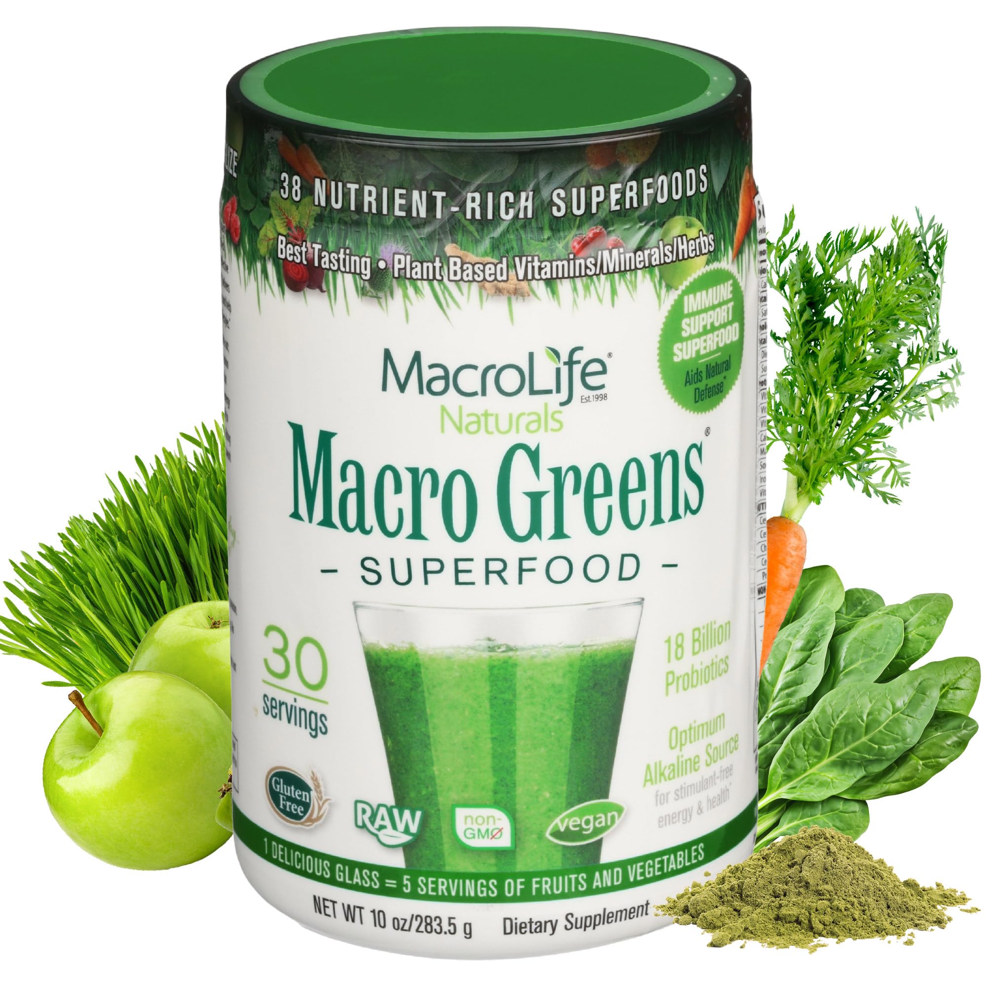 MacroLife Macro Greens Powder 38 Superfood Probiotics Antioxidants Digestive Enzymes & Adaptogen Supplement - Daily Super Green Juice & Smoothie Mix - Non-GMO Vegan Gluten-Free - 10oz (30 Servings)