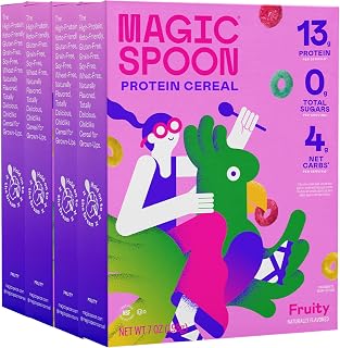Magic Spoon Cereal - Fruity 4-Pack of Cereal and Spoon - Keto & Low Carb Lifestyles, Gluten & Grain Free, High Protein, 0g Sugar