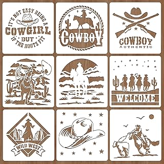 9Pcs Plastic Painting Stencils, Stencils for Crafts Reusable, Cowboy Style Drawing Templates for Wall Home Decoration, DIY Canvas Painting, Large Stencils for Painting（7.8 Inch - Buy now