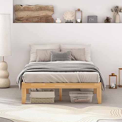 Miniatura 6 de KOMFOTT Base de cama de plataforma de madera de 14 pulgadas, tamaño matrimonial, base de colchón de madera maciza con marco de madera de goma,