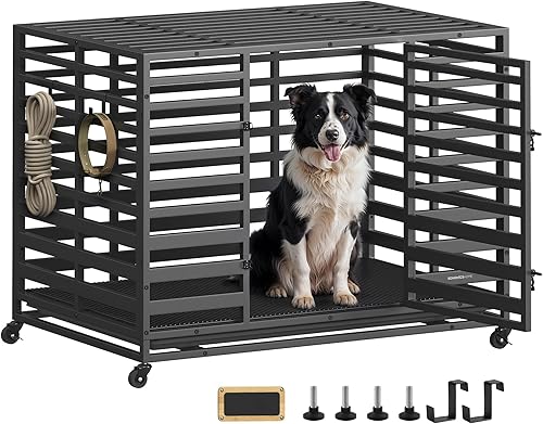 SONGMICS HOME UPPD023B01V1 - Jaula para perros grandes, jaula para perros grandes, bandeja y puerta extraíbles, ruedas con bloqueo, 42.1 x 27.6 x