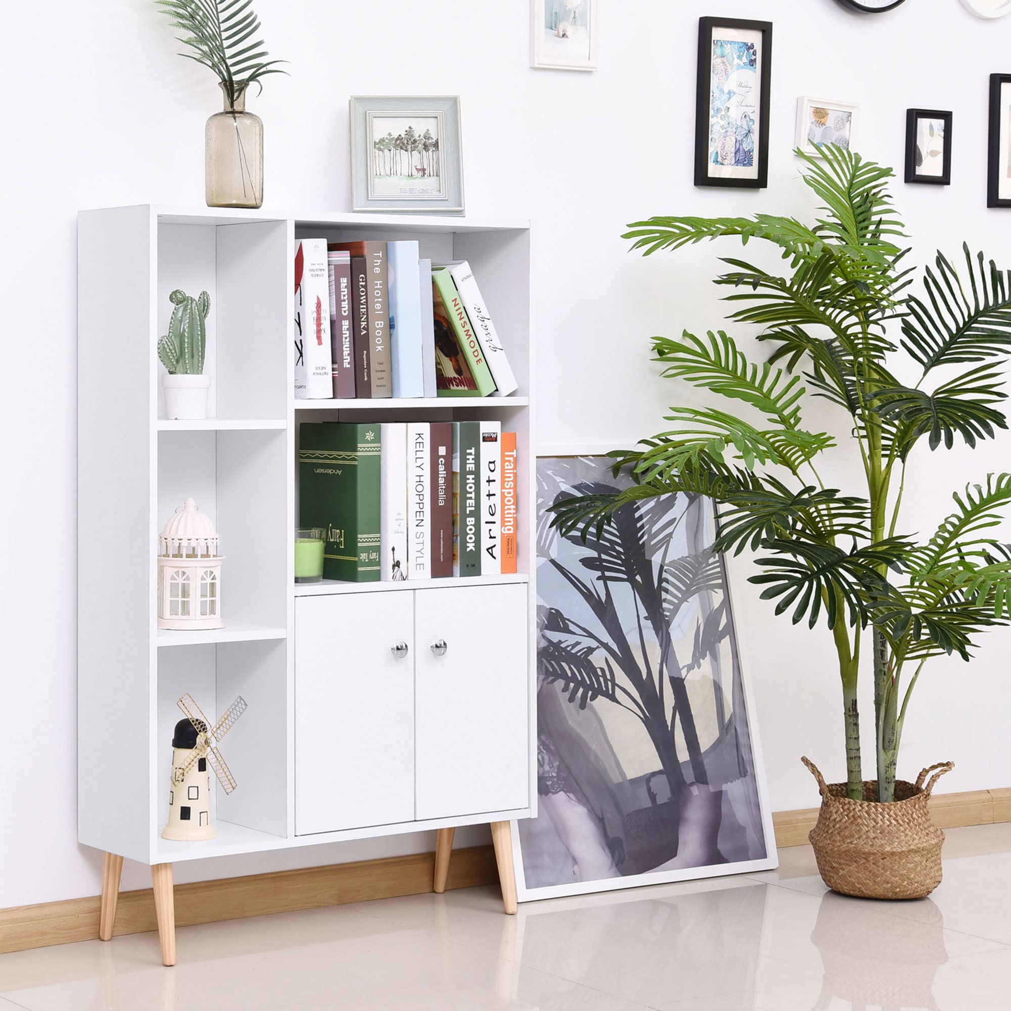 HOMCOM Libreria Scaffale Salvaspazio con 2 Porte 80x23.5x123cm Bianco | Design Moderno, da Salotto, Pannelli di Particelle